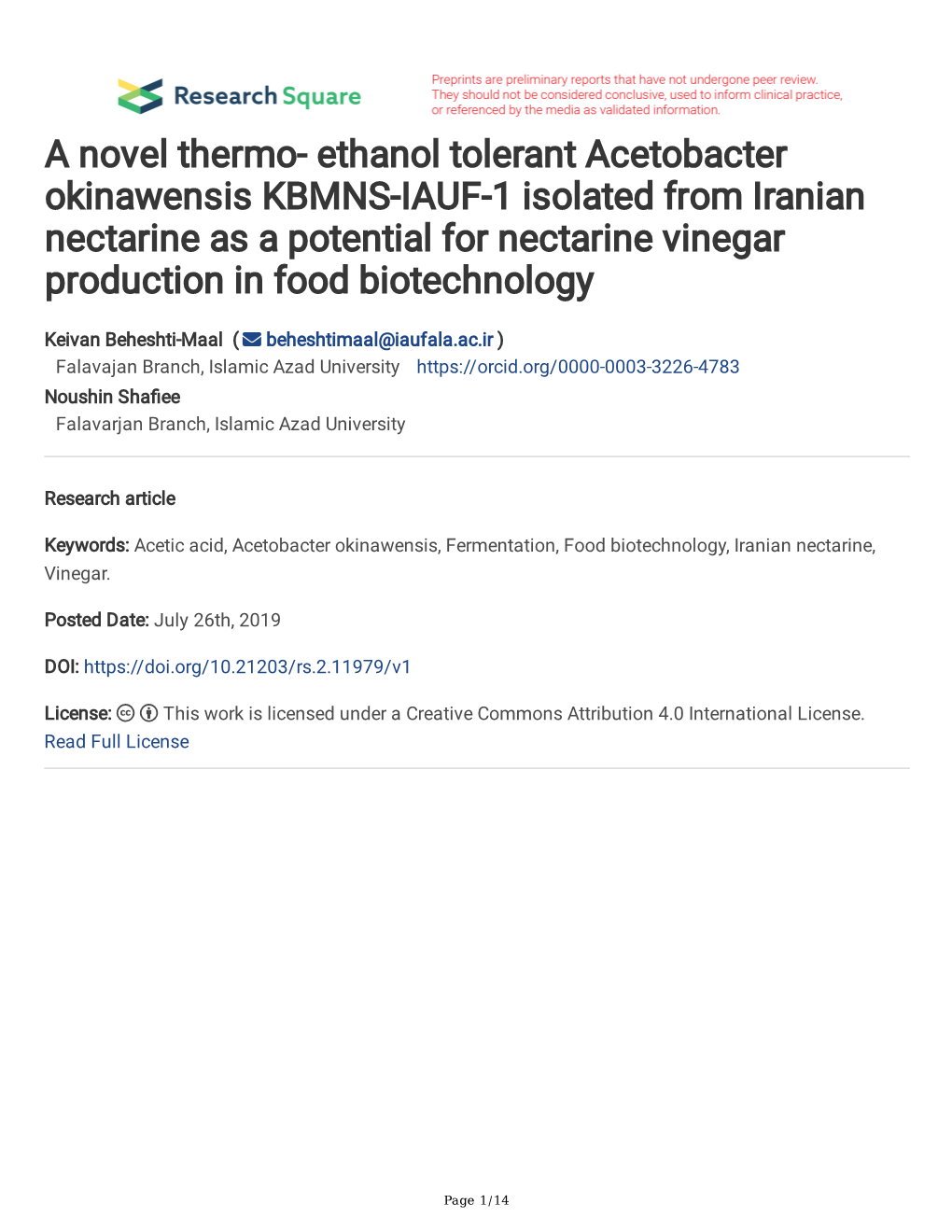 A Novel Thermo- Ethanol Tolerant Acetobacter Okinawensis KBMNS