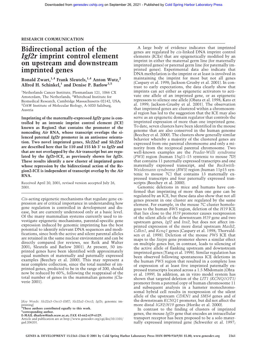 Bidirectional Action of the Igf2r Imprint Control Element on Upstream and Downstream Imprinted Genes