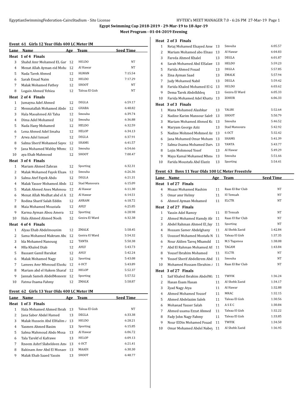 6:26 PM 27-Mar-19 Page 1 Egypt Swimming Cup 2018-2019 - 29-Mar-19 to 18-Apr-19 Meet Program - 01-04-2019 Evening