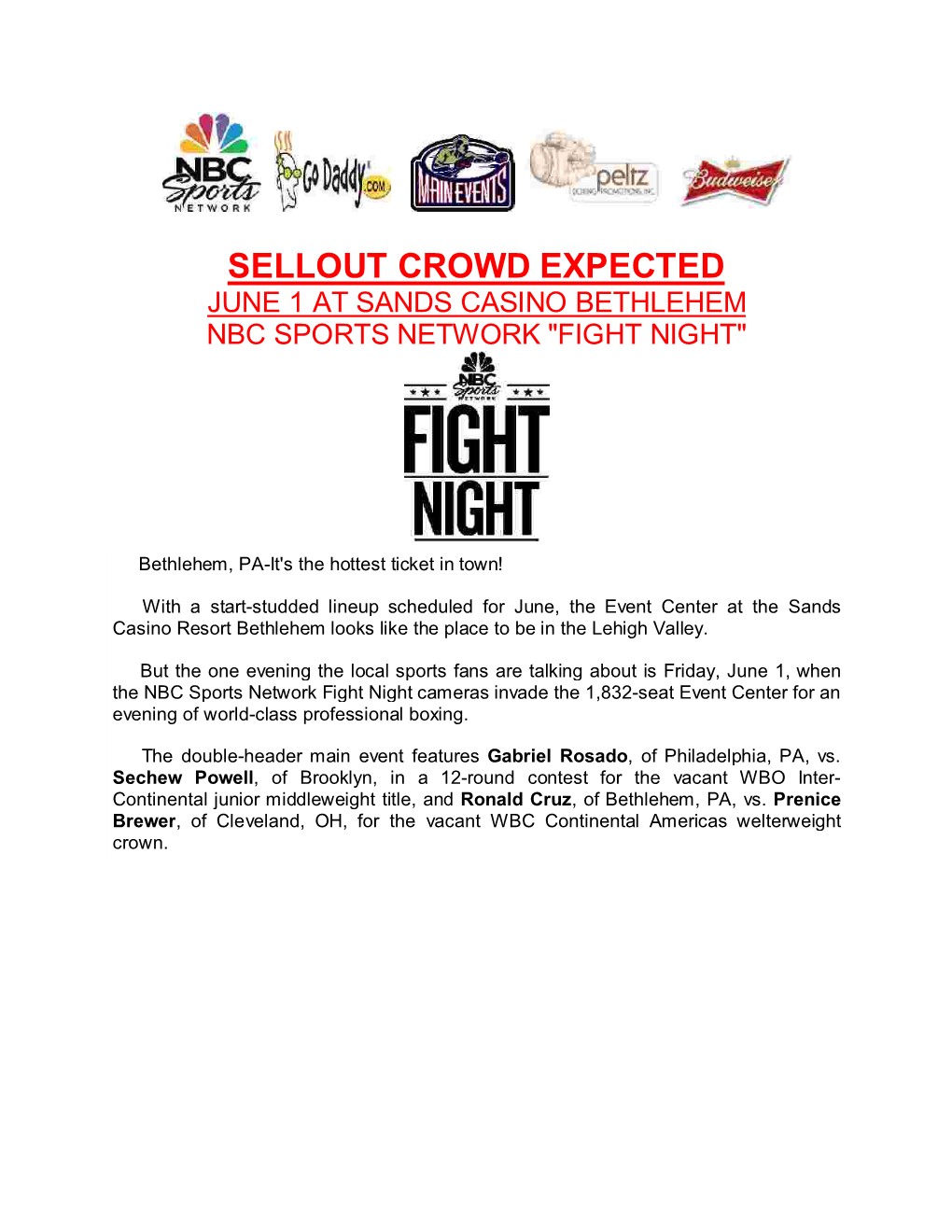 Sellout Crowd Expected June 1 at Sands Casino Bethlehem Nbc Sports Network "Fight Night"
