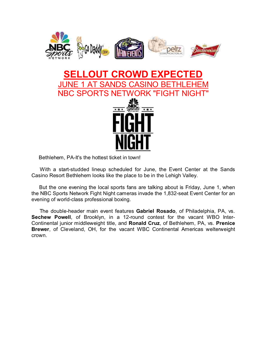 Sellout Crowd Expected June 1 at Sands Casino Bethlehem Nbc Sports Network 