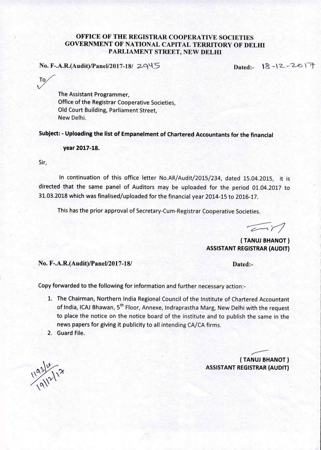 Empanelment of Chartered Accountants for the Financial Year 2017-18