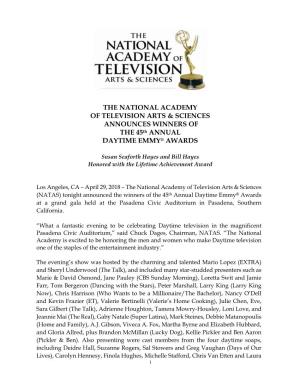 THE NATIONAL ACADEMY of TELEVISION ARTS & SCIENCES ANNOUNCES WINNERS of the 45Th ANNUAL DAYTIME EMMY® AWARDS