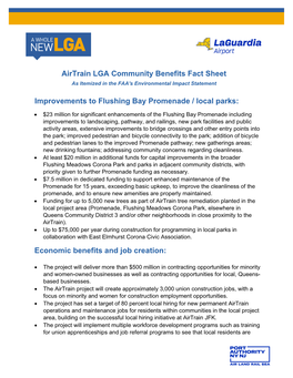 Airtrain LGA Community Benefits Fact Sheet As Itemized in the FAA's Environmental Impact Statement