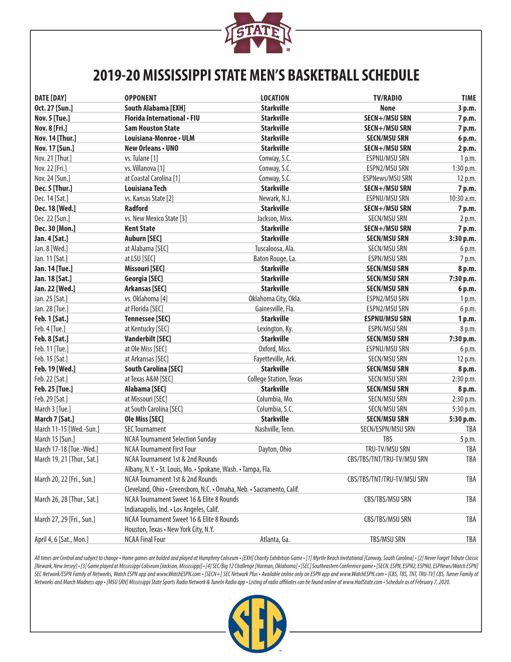 2019-20 Mississippi State Men's Basketball Schedule