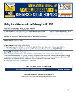 Malay Land Ownership in Pahang Until 1957