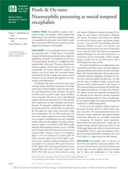 Neurosyphilis Presenting As Mesial Temporal Encephalitis Kader T
