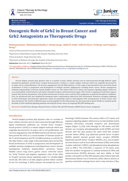 Oncogenic Role of Grb2 in Breast Cancer and Grb2 Antagonists As Therapeutic Drugs