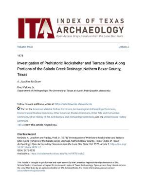 Investigation of Prehistoric Rockshelter and Terrace Sites Along Portions of the Salado Creek Drainage, Nothern Bexar County, Texas