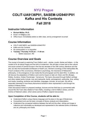 NYU Prague COLIT-UA9136P01, SASEM-UG9401P01 Kafka and His Contexts Fall 2018