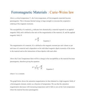 Ferromagnetic Materials : Curie-Weiss Law