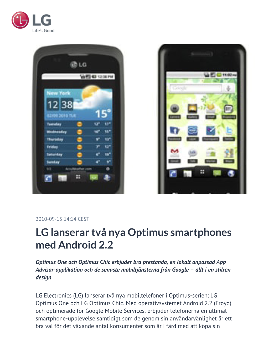 LG Lanserar Två Nya Optimus Smartphones Med Android 2.2