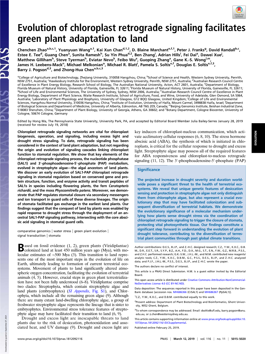 Evolution of Chloroplast Retrograde Signaling Facilitates Green Plant Adaptation to Land