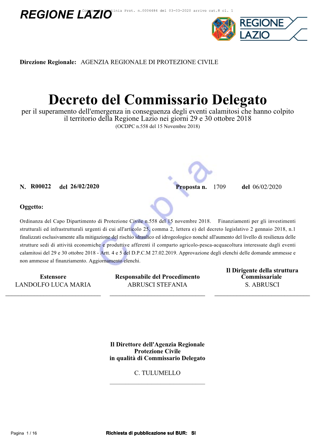 Decreto Del Commissario Delegato