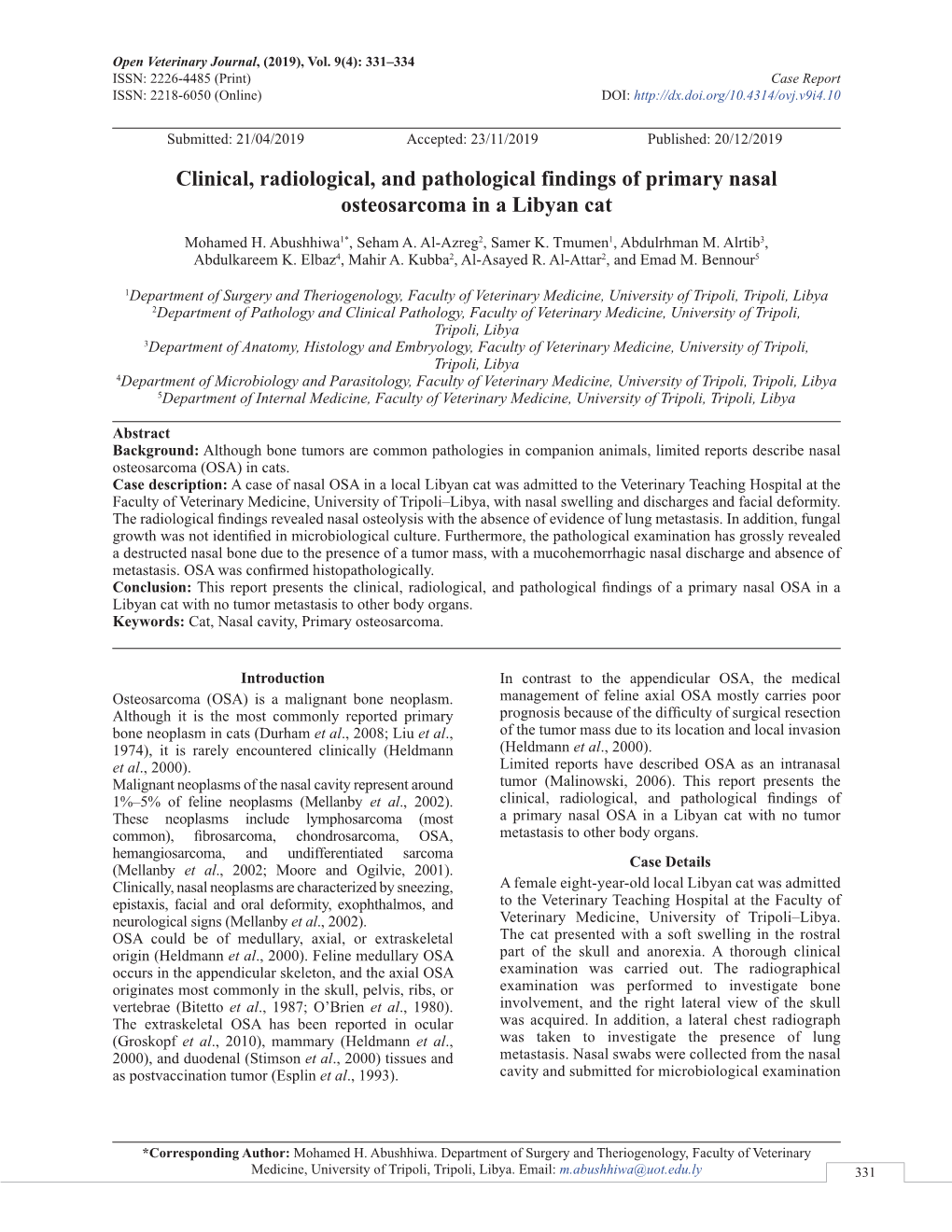 Clinical, Radiological, and Pathological Findings of Primary Nasal Osteosarcoma in a Libyan Cat