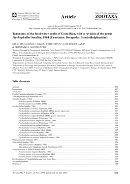 Taxonomy of the Freshwater Crabs of Costa Rica, with a Revision of the Genus Ptychophallus Smalley, 1964 (Crustacea: Decapoda: Pseudothelphusidae)