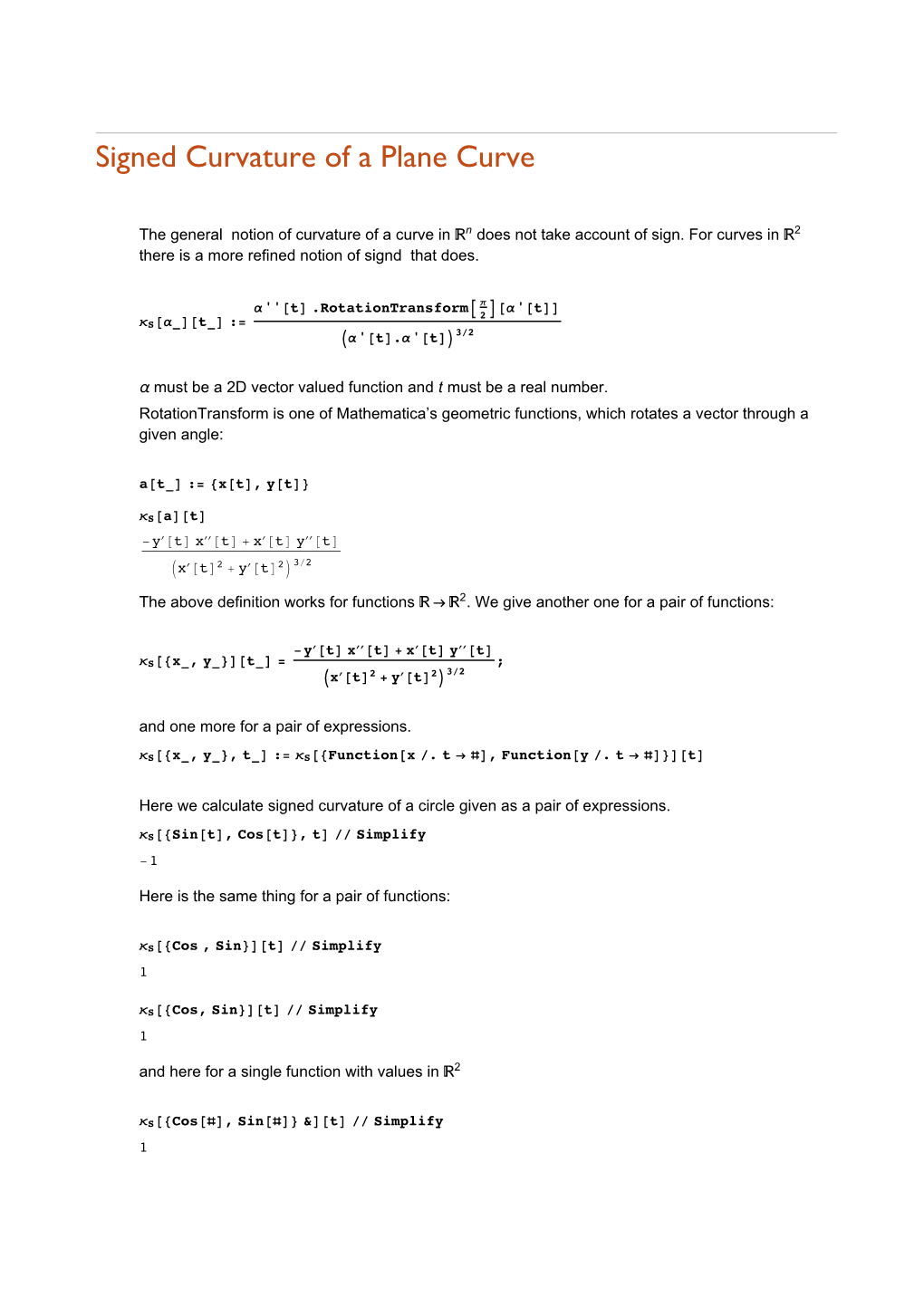 Signed Curvature of a Plane Curve