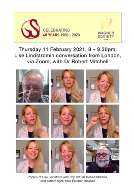 Lise Lindstromin Conversation from London, Via Zoom, with Dr Robert Mitchell