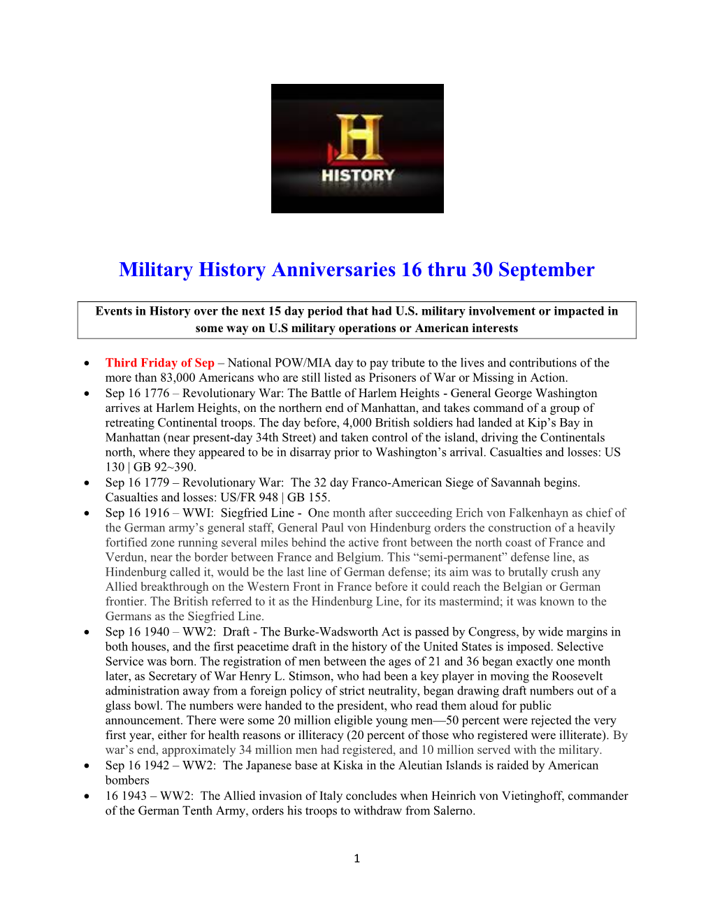 Military History Anniversaries 16 Thru 30 September