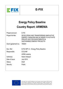 E-FIX Energy Policy Baseline Country Report: ARMENIA