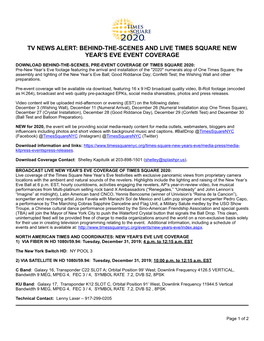 Tv News Alert: Behind-The-Scenes and Live Times Square New Year's Eve Event Coverage