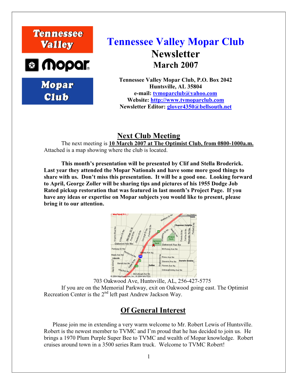 Tennessee Valley Mopar Club Newsletter March 2007