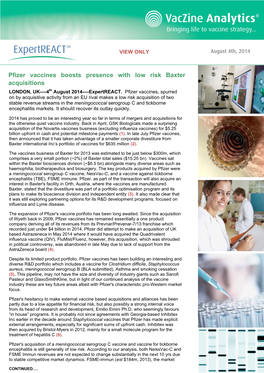 Pfizer Vaccines Boosts Presence with Low Risk Baxter Acquisitions LONDON, UK----4Th August 2014----Expertreact