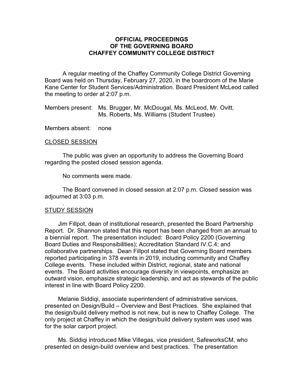 Official Proceedings of the Governing Board Chaffey Community College District