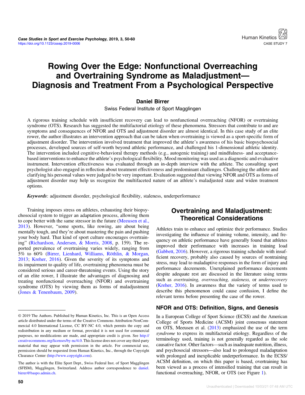 Nonfunctional Overreaching and Overtraining Syndrome As Maladjustment— Diagnosis and Treatment from a Psychological Perspective