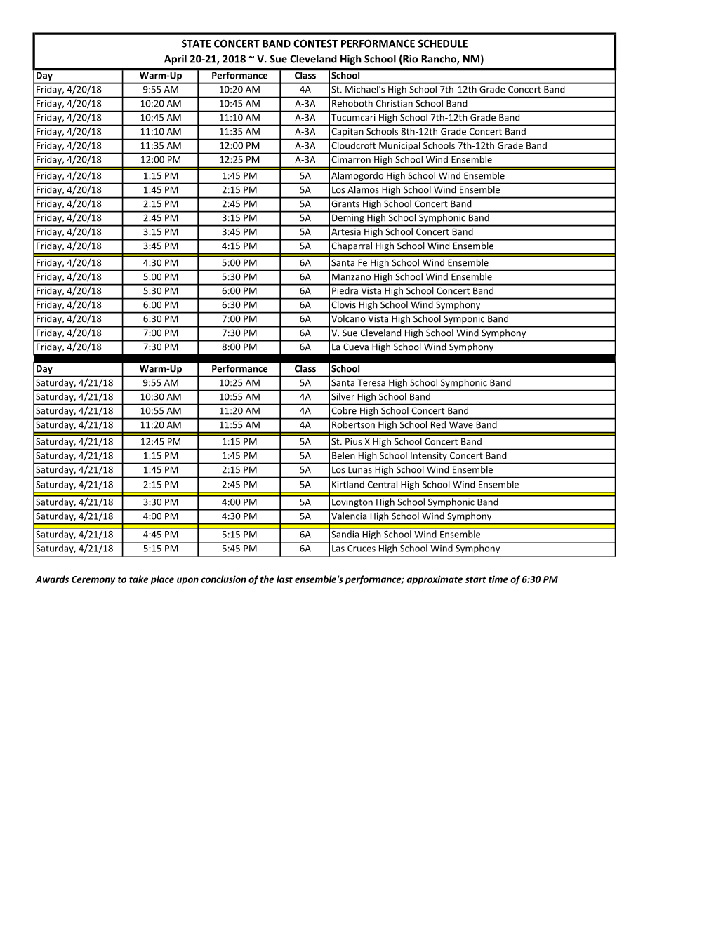 2018 State Concert Band Schedule Draft