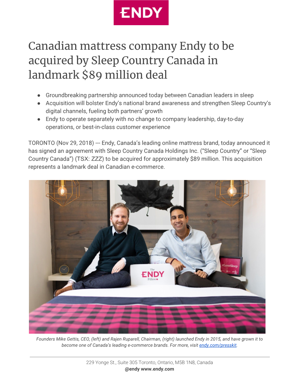 Canadian Mattress Company Endy to Be Acquired by Sleep Country Canada in Landmark $89 Million Deal