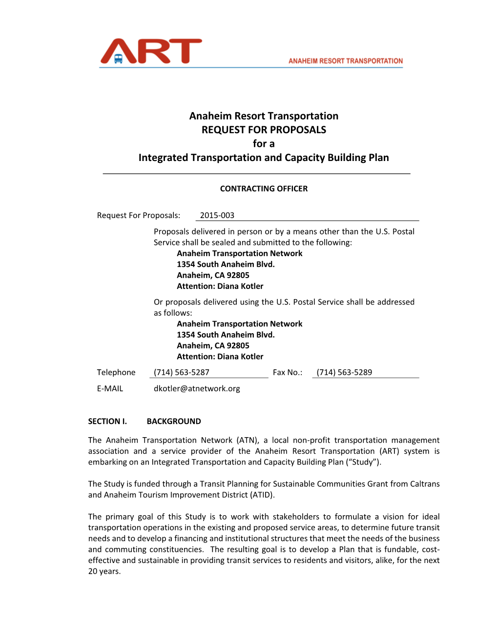 Anaheim Resort Transportation REQUEST for PROPOSALS for a Integrated Transportation and Capacity Building Plan