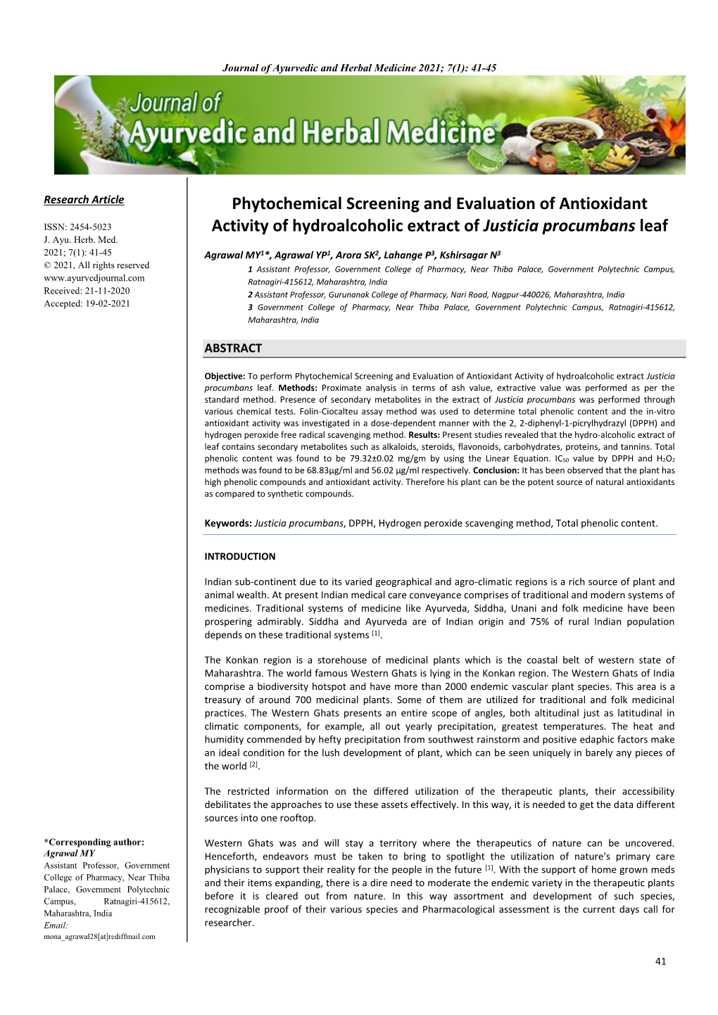 Phytochemical Screening and Evaluation of Antioxidant Activity of Hydroalcoholic Extract Justicia Procumbans Leaf