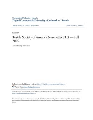Textile Society of America Newsletter 21:3 — Fall 2009 Textile Society of America