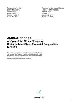 ANNUAL REPORT of Open Joint-Stock Company Sistema Joint-Stock Financial Corporation for 2010
