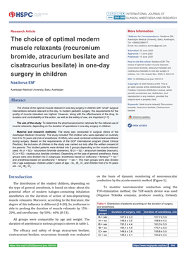 The Choice of Optimal Modern Muscle Relaxants (Rocuronium Bromide, Atracurium Besilate and Cisatracurius Besilate) in One-Day Surgery in Children