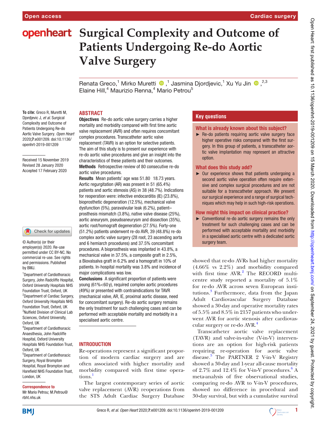 Surgical Complexity and Outcome of Patients Undergoing Re-Do Aortic
