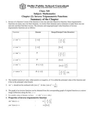 XII Subject: Mathematics Chapter (2): Inverse Trigonometric Functions Summary of the Chapter 1