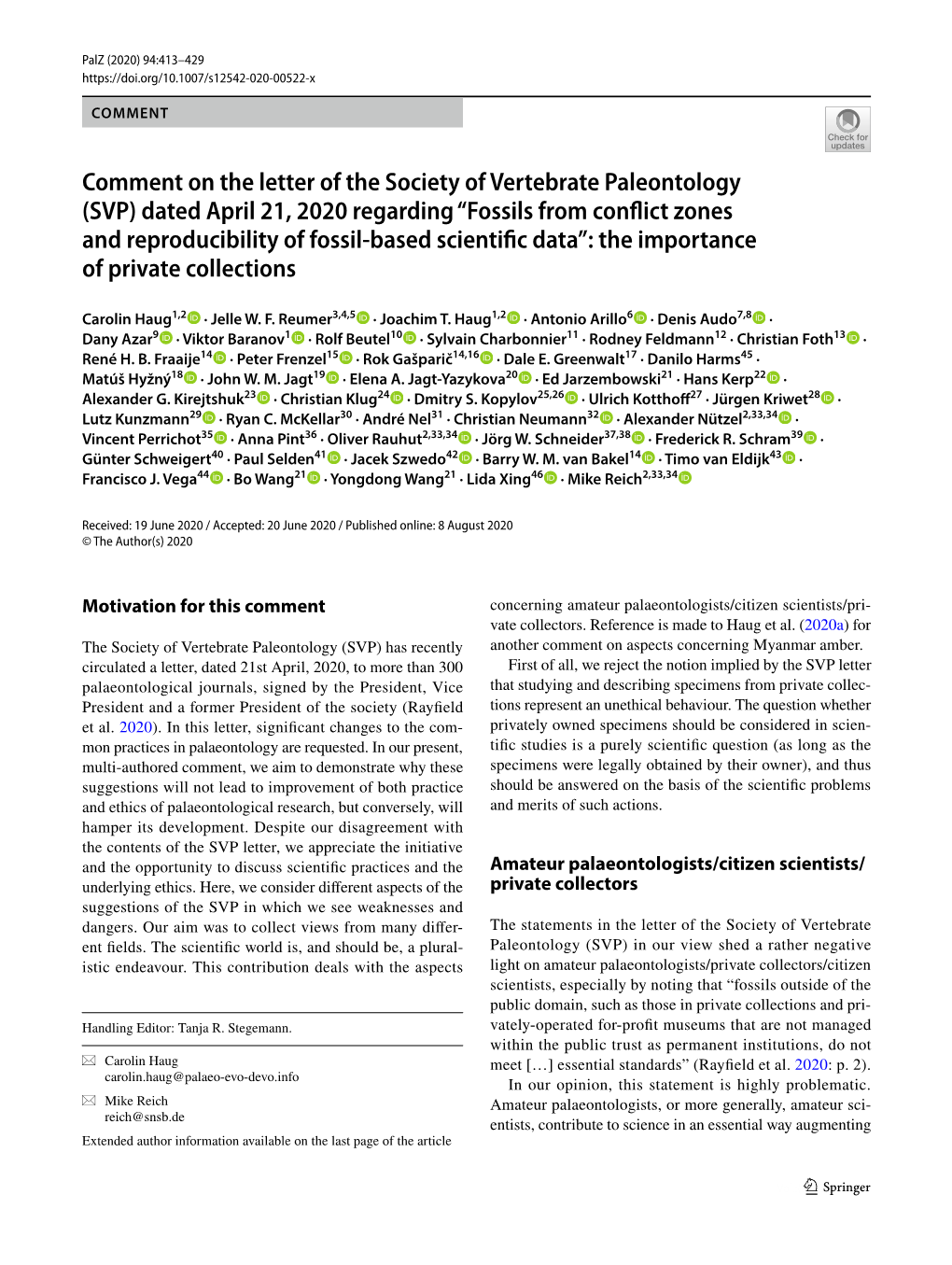 Comment on the Letter of the Society of Vertebrate Paleontology (SVP