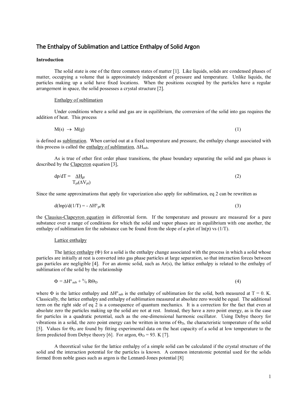 The Enthalpy of Sublimation and Lattice Enthalpy of Solid Argon