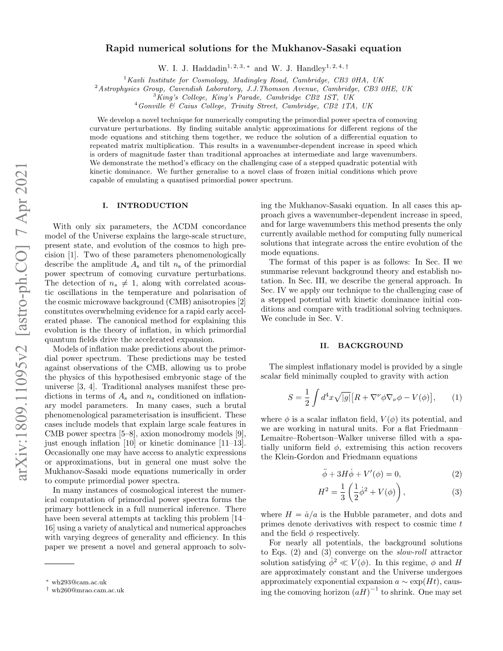 Arxiv:1809.11095V2 [Astro-Ph.CO] 7 Apr 2021 to Compute Primordial Power Spectra