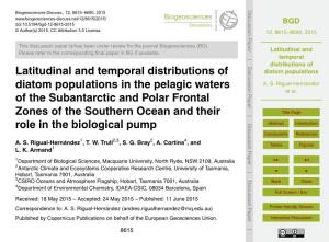 Latitudinal and Temporal Distributions of Diatom Populations Diatom Populations in the Pelagic Waters A