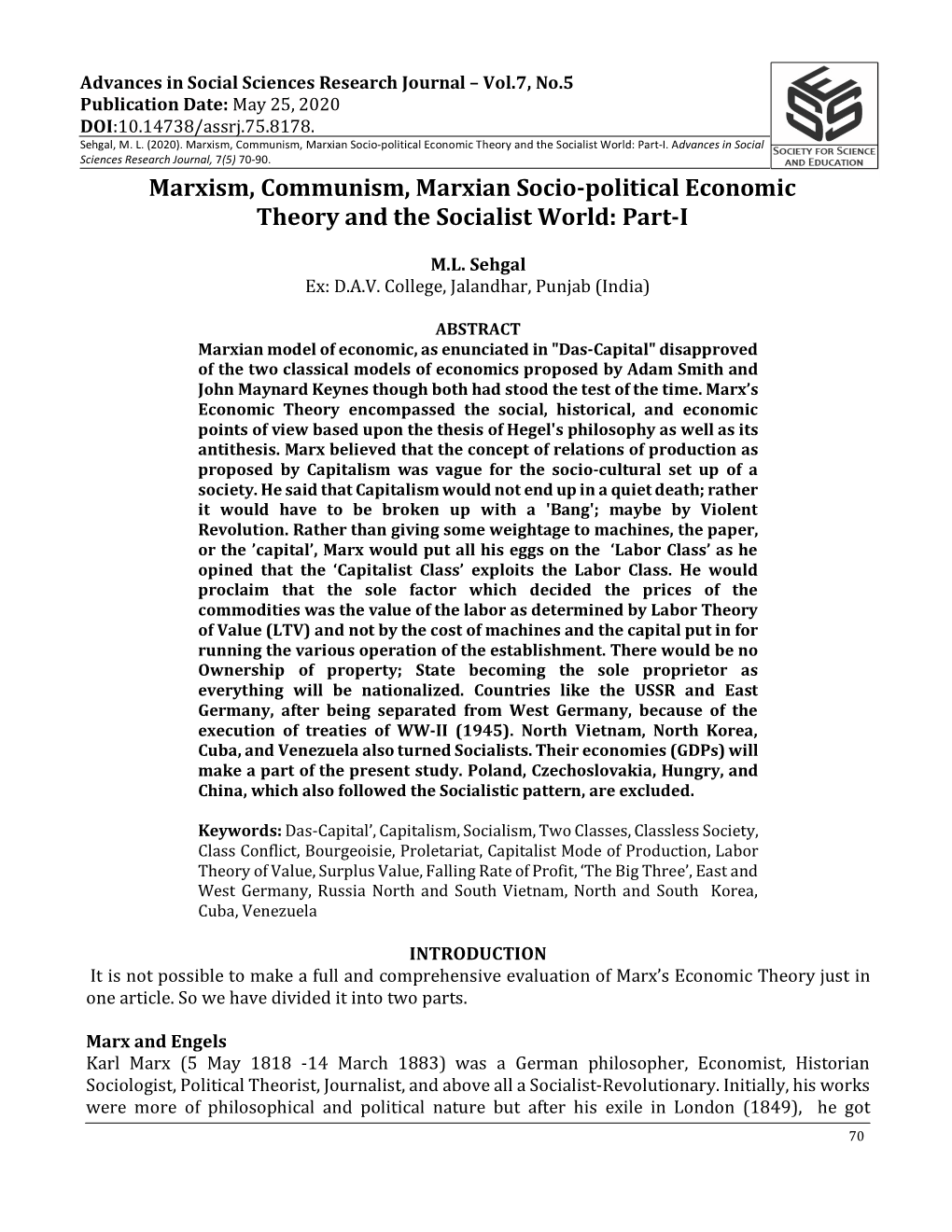 Marxism, Communism, Marxian Socio-Political Economic Theory and the Socialist World: Part-I