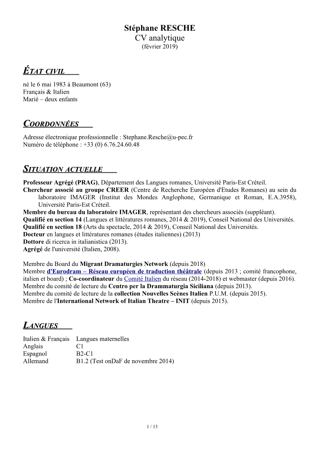 Stéphane RESCHE CV Analytique (Février 2019)