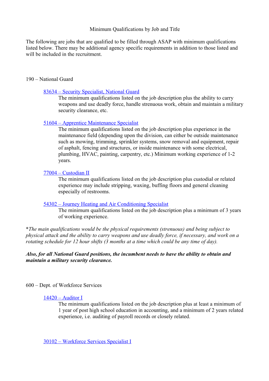 Minimum Qualifications By Agency And Title