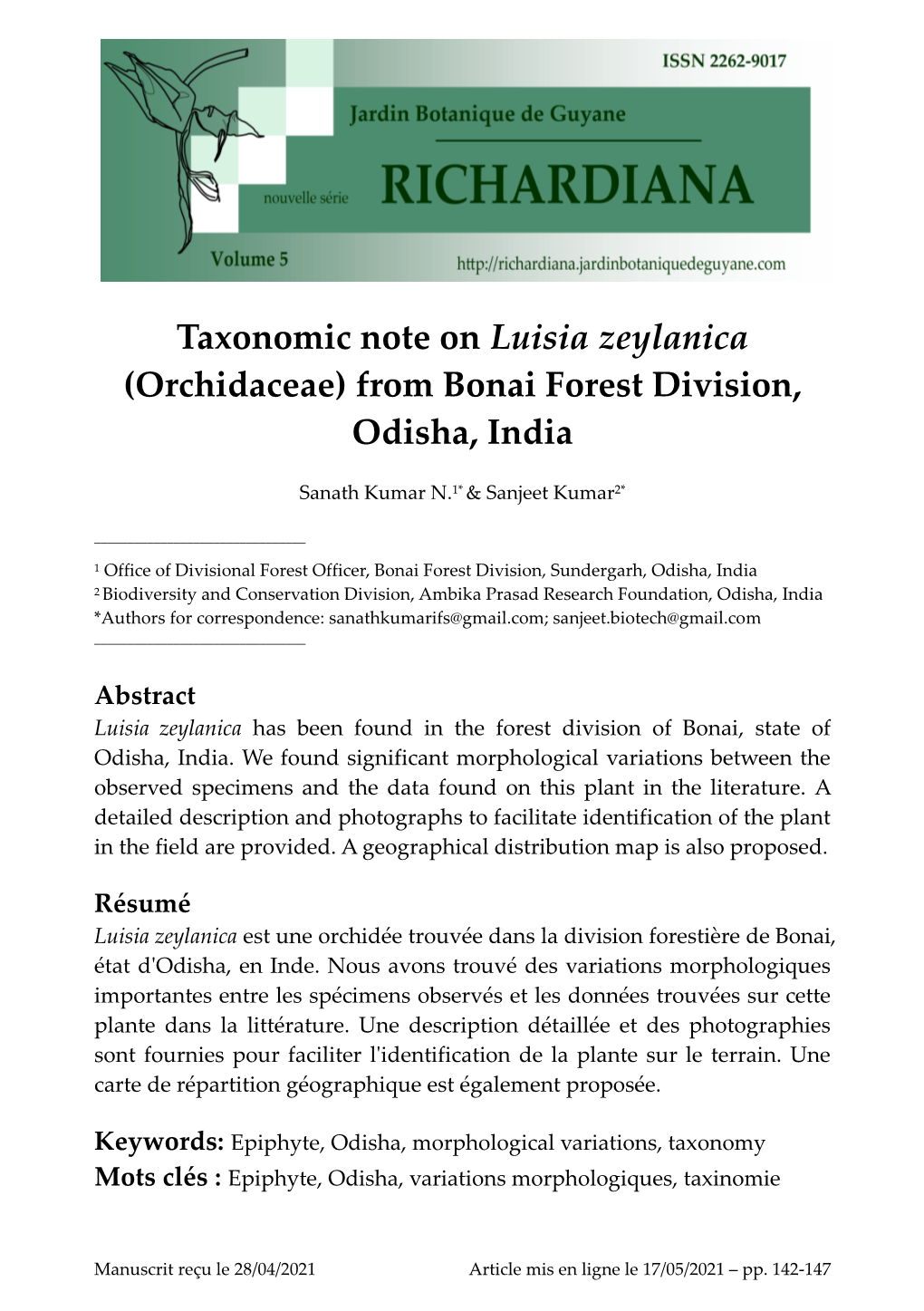 Taxonomic Note on Luisia Zeylanica (Orchidaceae) from Bonai Forest Division, Odisha, India