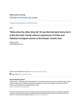 Family Violence Experiences of Indian and Pakistani Immigrant Women in the Greater Toronto Area