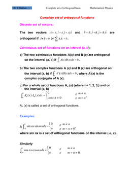 Complete Set of Orthogonal Basis Mathematical Physics