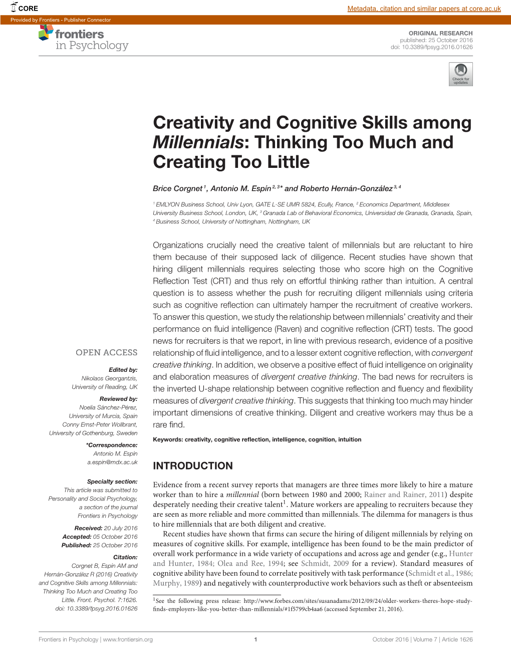 Creativity and Cognitive Skills Among Millennials: Thinking Too Much and Creating Too Little