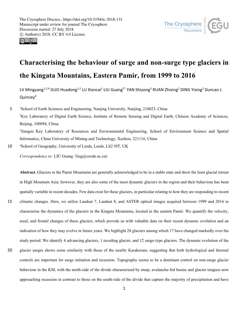 Characterising the Behaviour of Surge and Non-Surge Type Glaciers in the Kingata Mountains, Eastern Pamir, from 1999 to 2016